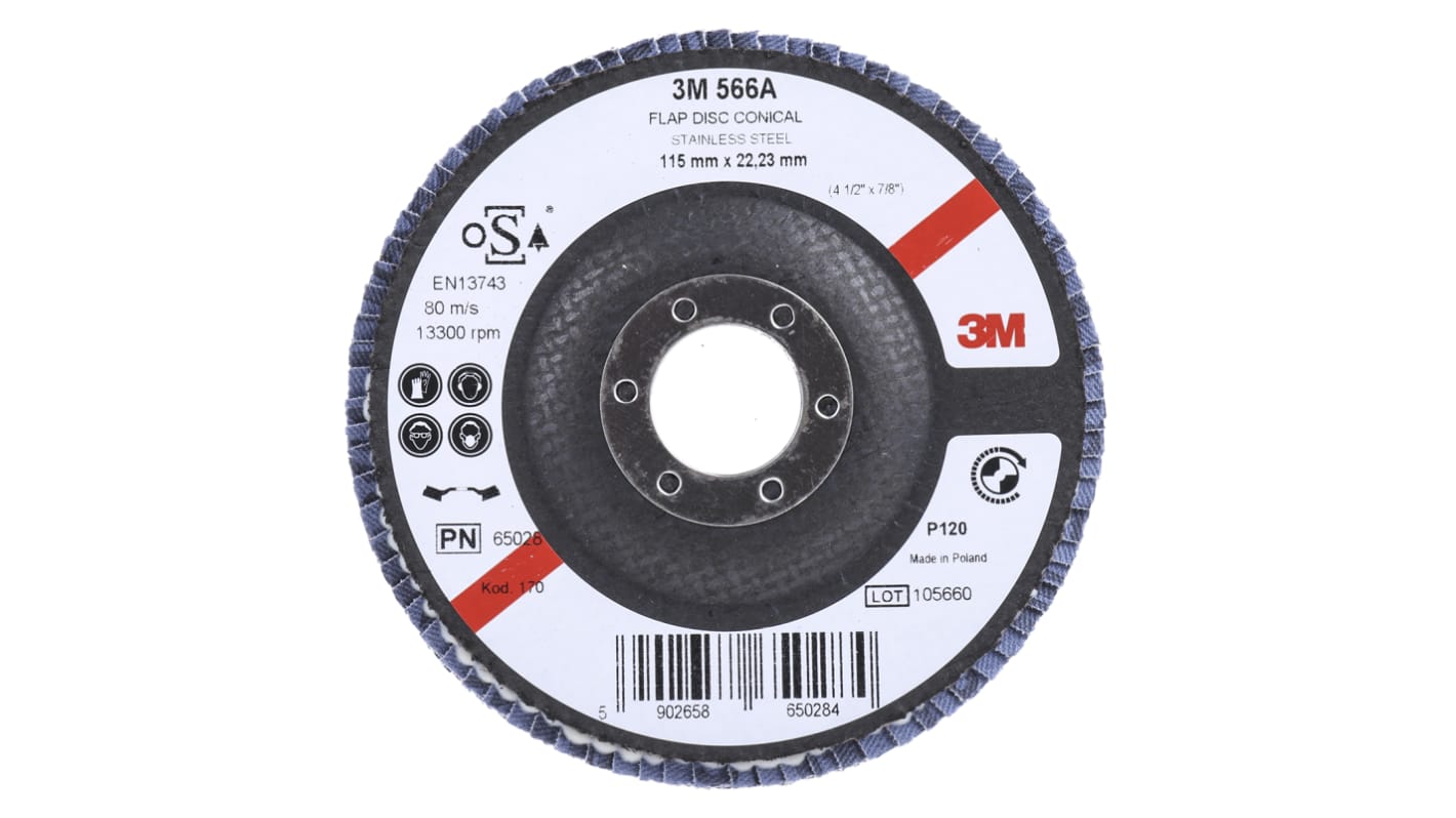 3M 566A Zirconia Aluminium Flap Disc, 115mm, Fine Grade, P120 Grit, PN65026