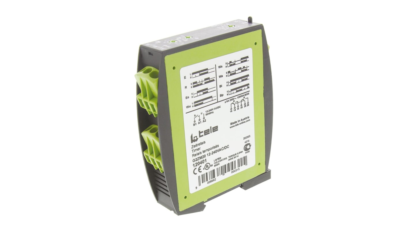 Tele G2ZM20 Series DIN Rail Mount Timer Relay, 12 → 240V ac/dc, 2-Contact, 0.05 s → 100h, DPDT