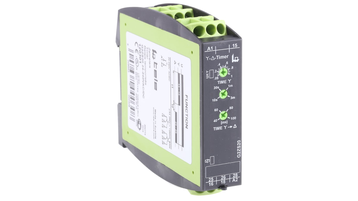 Tele G2ZS20 Series DIN Rail Mount Timer Relay, 24 → 240V ac/dc, 2-Contact, 0.04 s → 3min, 1-Function, DPDT