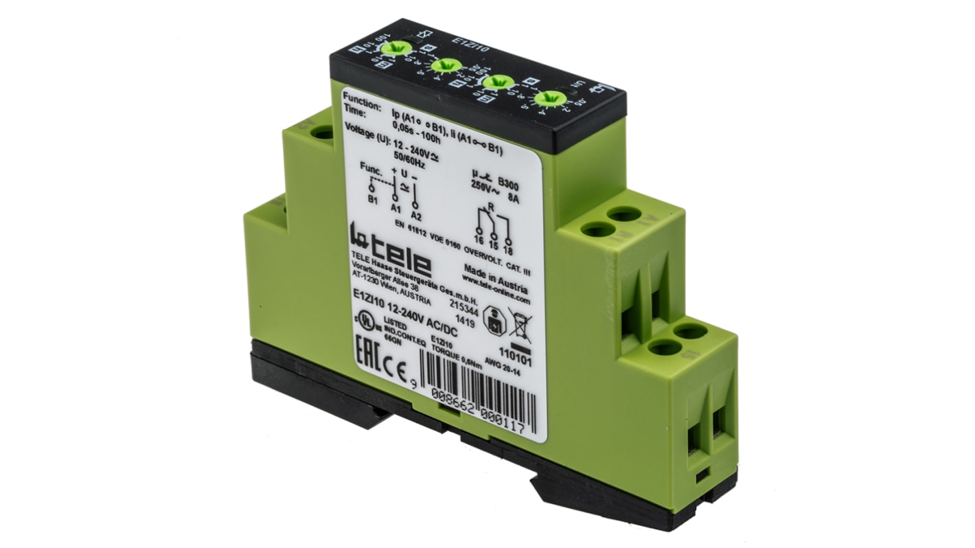 Tele タイマーリレー, 12 → 240V ac/dc, DINレール, 非対称サイクルパルススタート, E1ZI10 12-240V AC/DC
