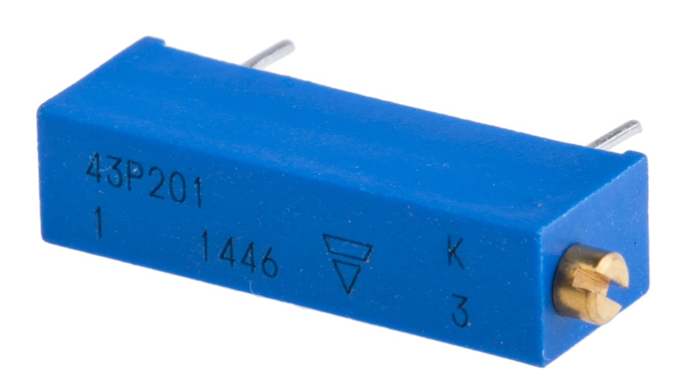 Vishay 43P Series 20-Turn Through Hole Trimmer Resistor with Pin Terminations, 200Ω ±10% 1/2W ±100ppm/°C Side Adjust