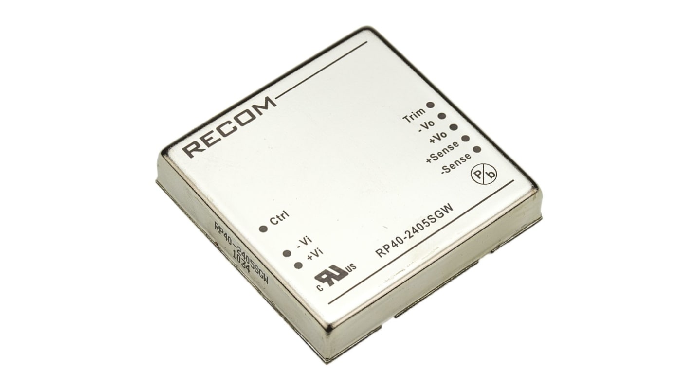 Recom RP40-GW DC-DC Converter, 5V dc/ 8A Output, 9 → 36 V dc Input, 40W, Through Hole, +105°C Max Temp -40°C Min