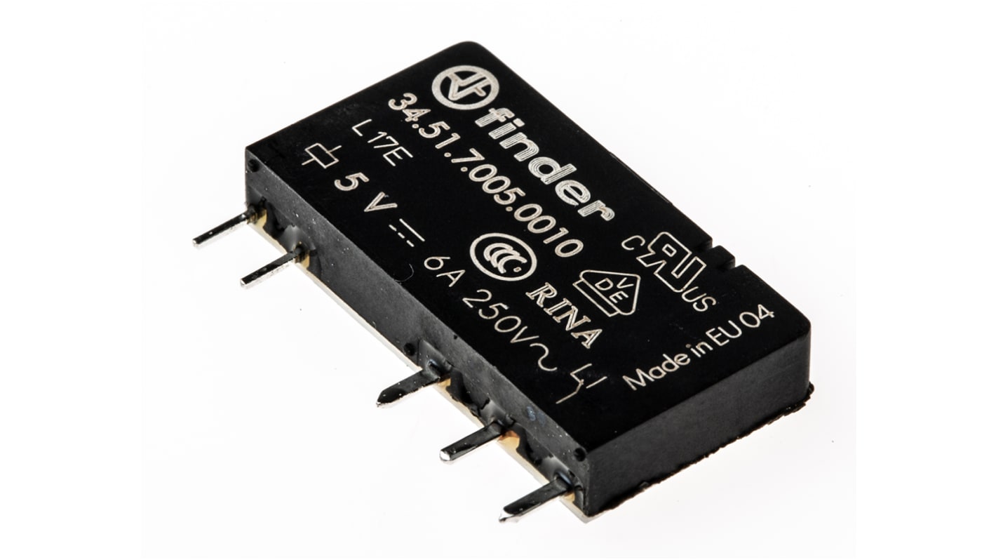 Finder 功率继电器, 5V 直流线圈, 6A切换, SPDT, 1极, PCB安装, 银合金触点, 34系列