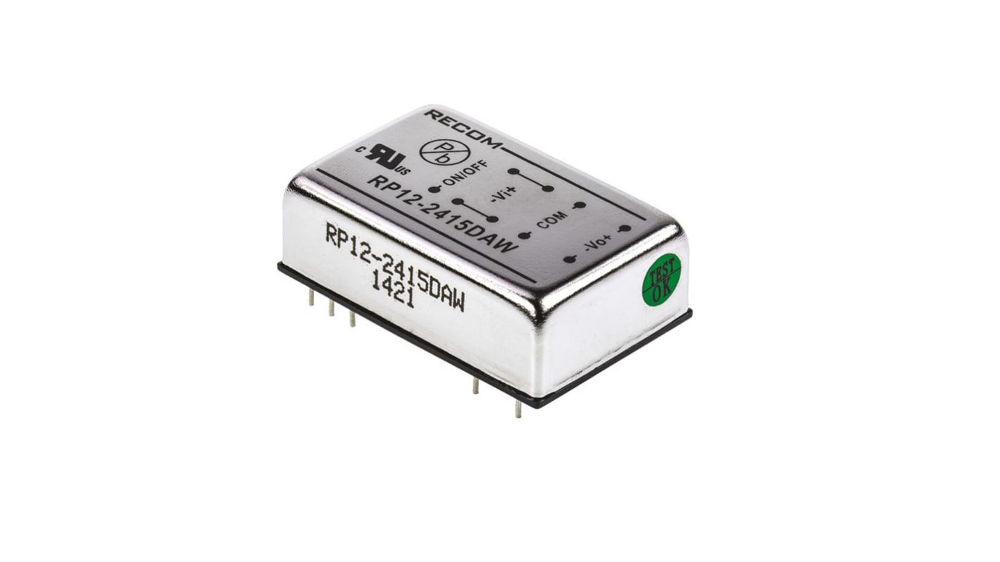 Recom RP12-AW DC-DC Converter, ±15V dc/ ±400mA Output, 9 → 36 V dc Input, 12W, Through Hole, +65°C Max Temp