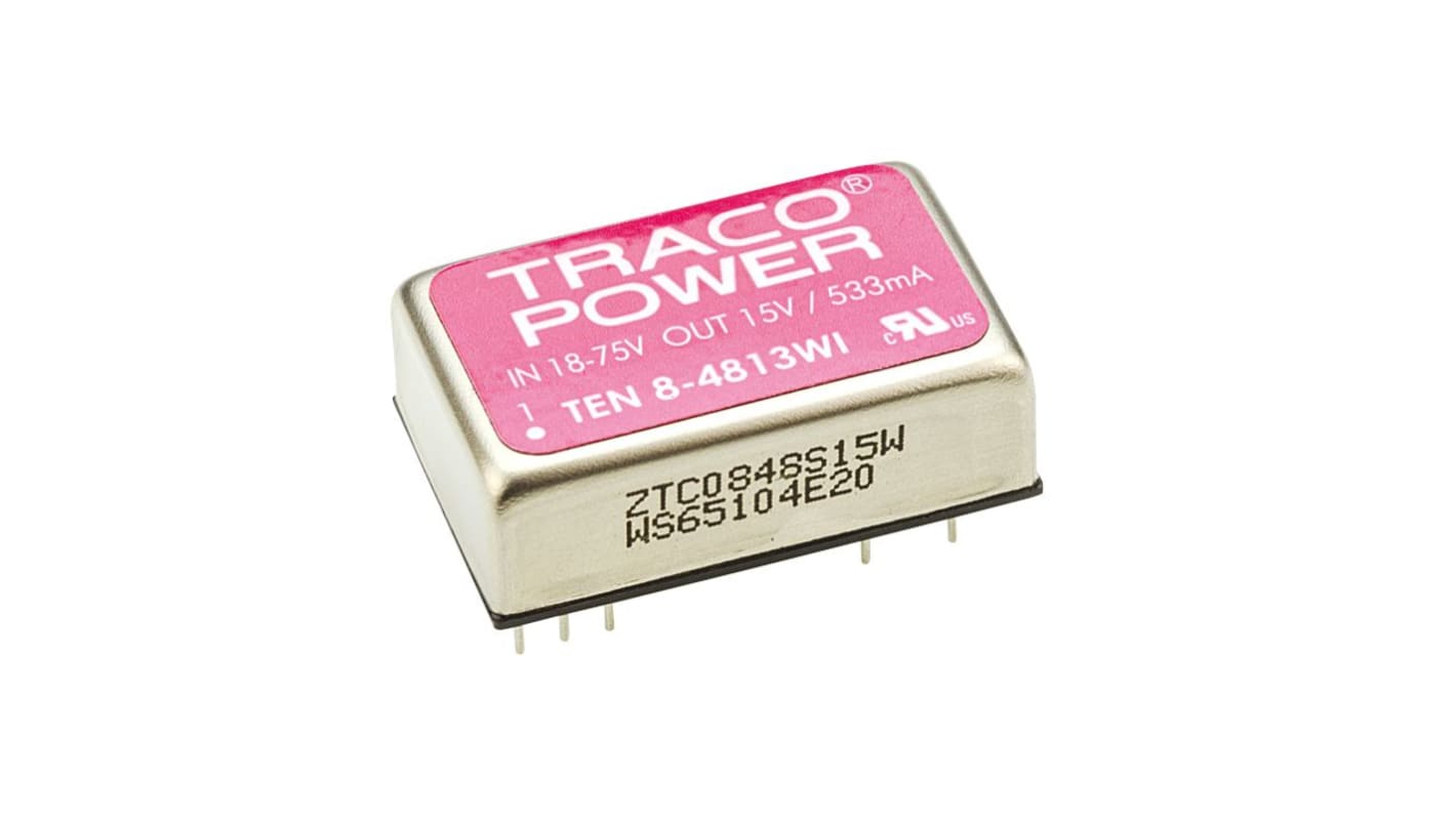 Przetwornica DC-DC, 8W, Uwe 18 → 75 V DC, Uwy 15V dc, Iwy 533mA Tak, TRACOPOWER Nie