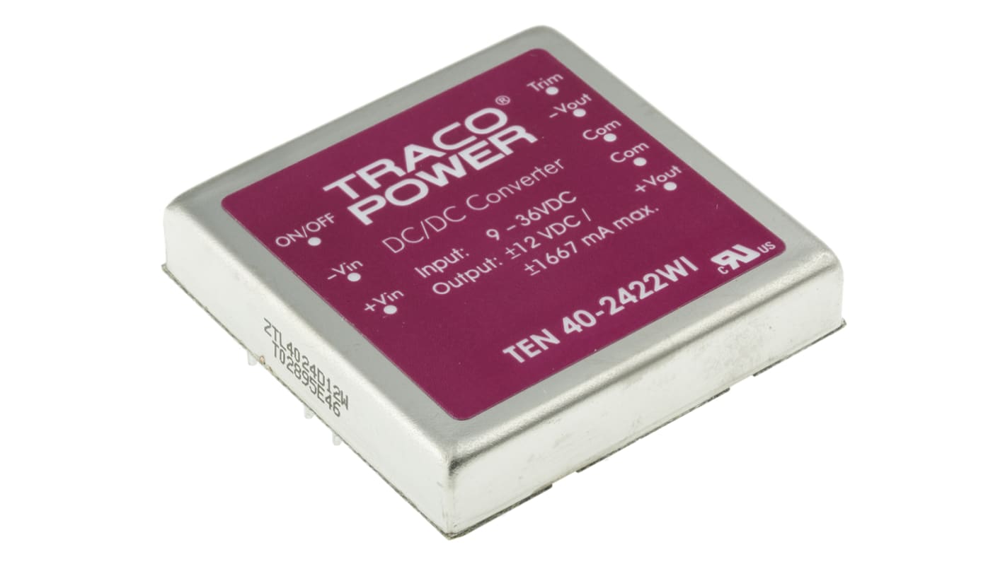 TRACOPOWER TEN 40WI DC-DC Converter, ±12V dc/ ±1.65A Output, 9 → 36 V dc Input, 40W, Through Hole, +85°C Max