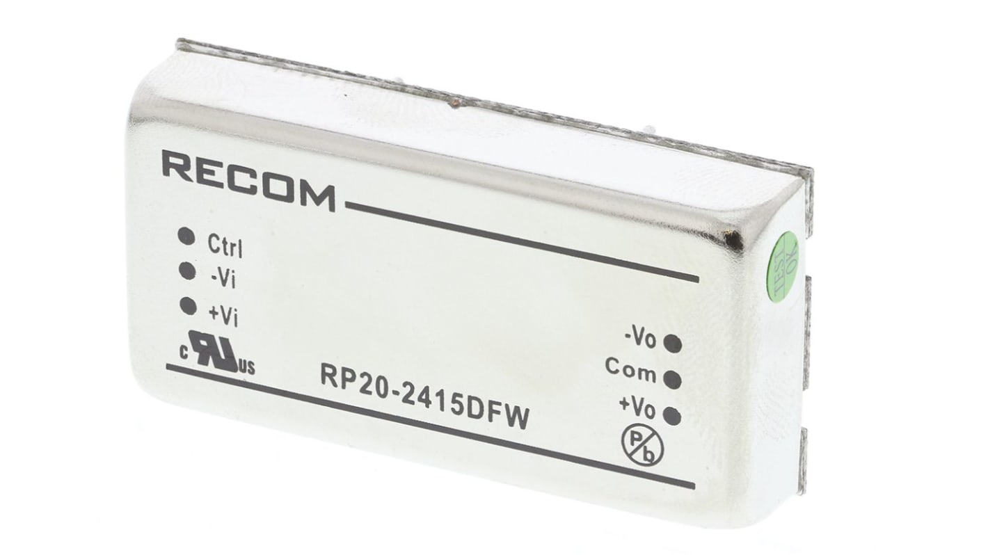 Recom RP20 FW DC-DC Converter, ±15V dc/ ±667mA Output, 9 → 36 V dc Input, 20W, Through Hole, +105°C Max Temp