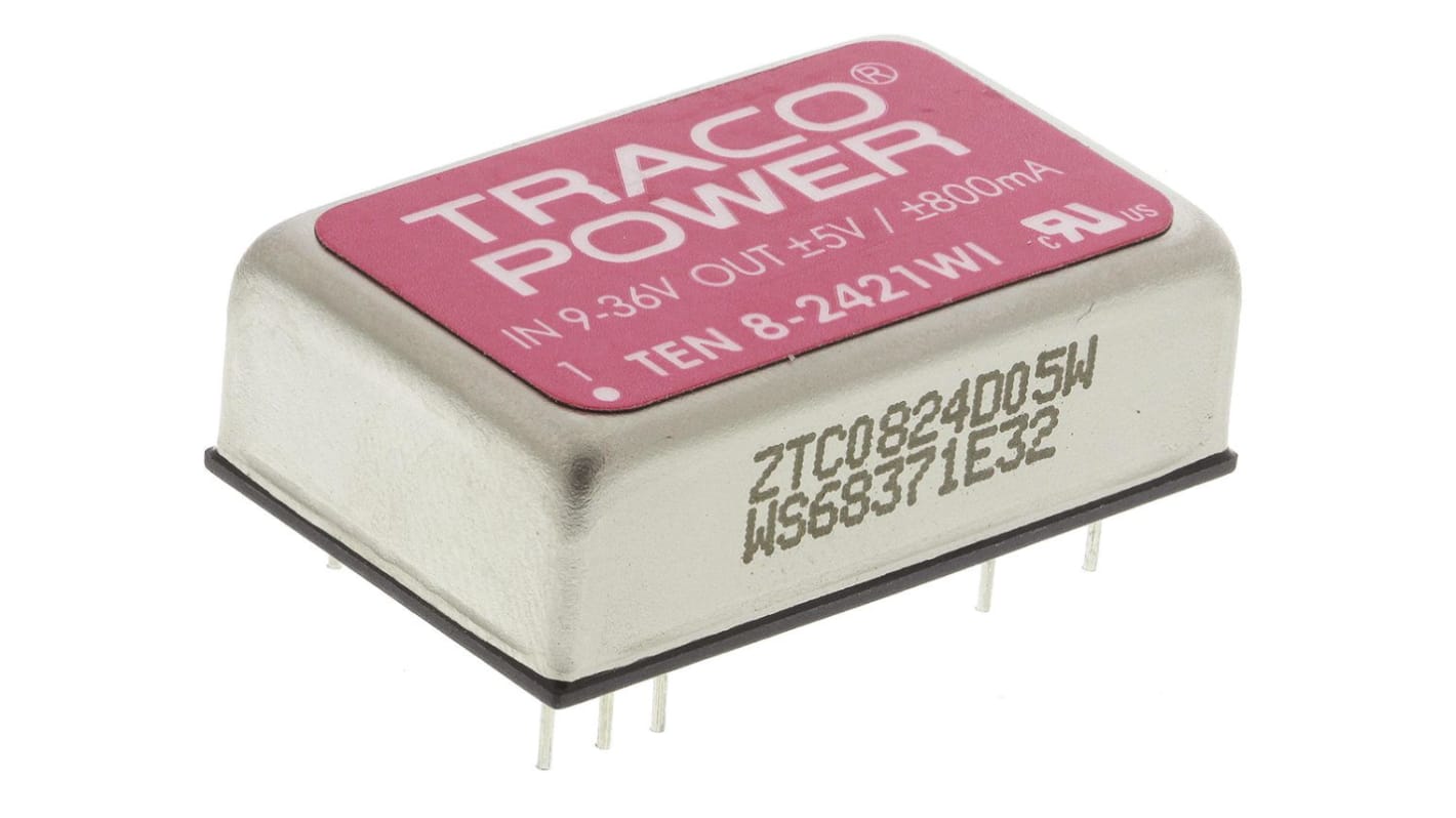 TRACOPOWER TEN 8WI DC-DC Converter, ±5V dc/ ±800mA Output, 9 → 36 V dc Input, 8W, Through Hole, +85°C Max Temp