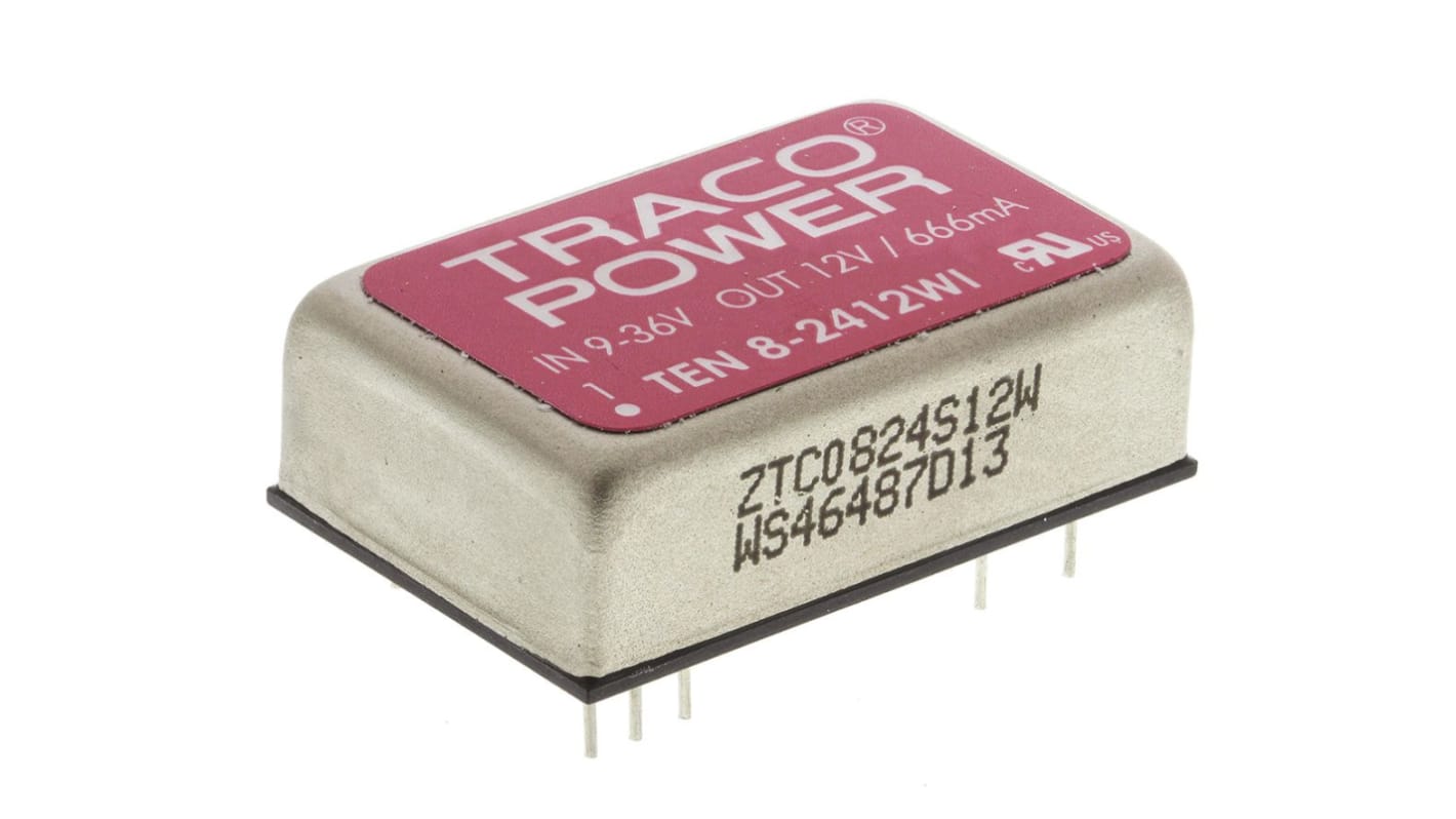 TRACOPOWER TEN 8WI DC-DC Converter, 12V dc/ 666mA Output, 9 → 36 V dc Input, 8W, Through Hole, +85°C Max Temp