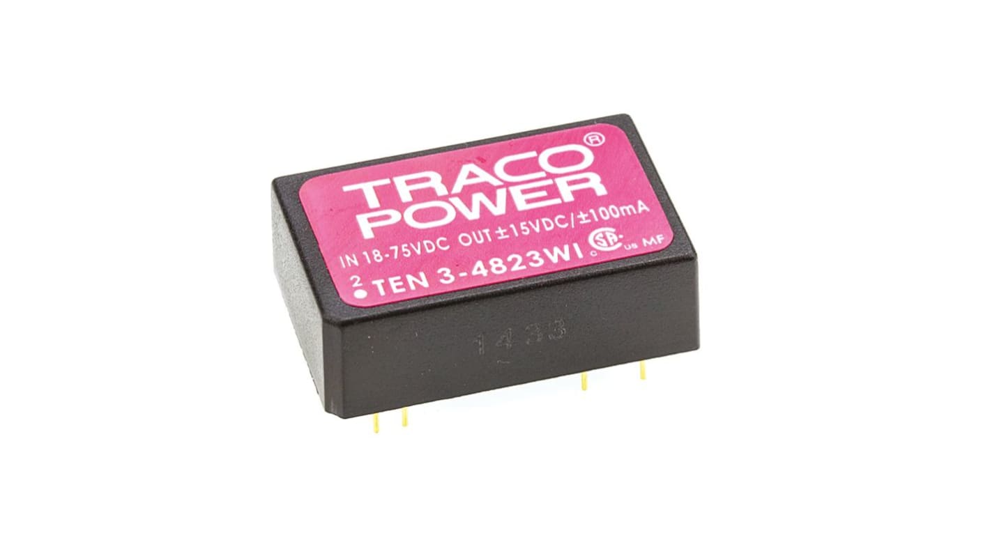 TRACOPOWER TEN 3WI DC/DC-Wandler 3W 48 V dc IN, ±15V dc OUT / ±100mA 1.5kV dc isoliert