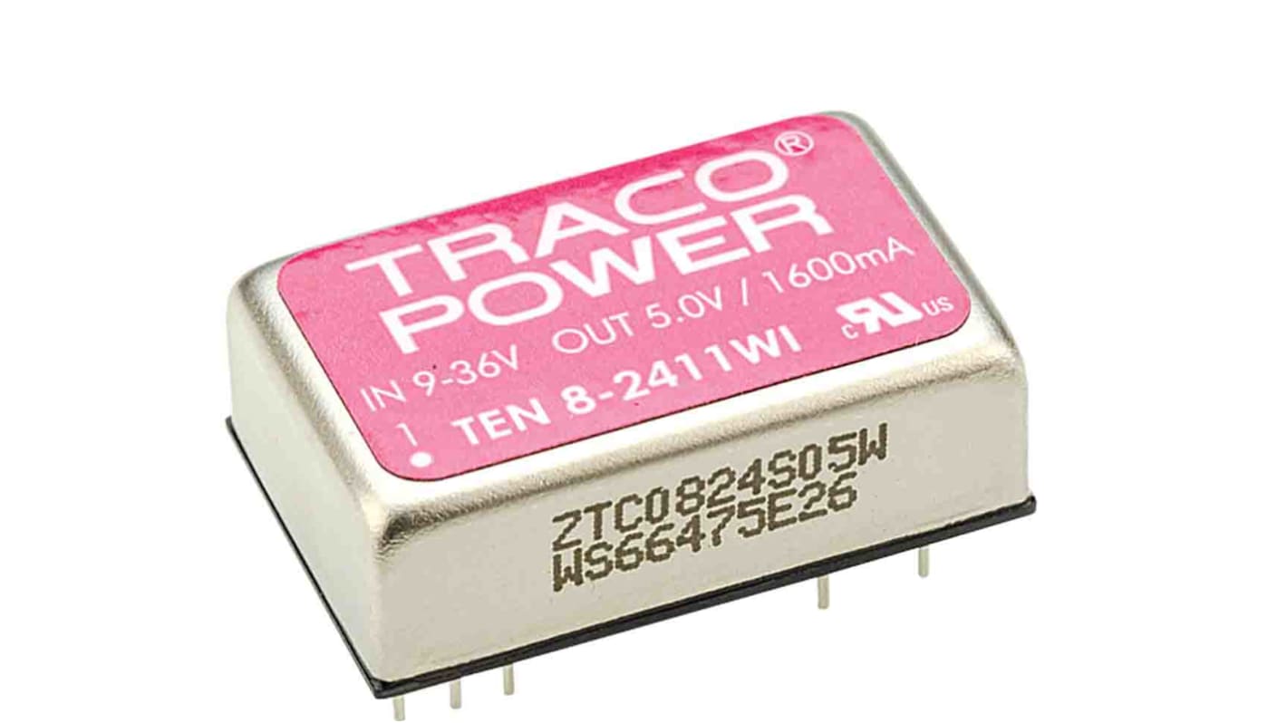 TRACOPOWER TEN 8WI DC-DC Converter, 5V dc/ 1.6A Output, 9 → 36 V dc Input, 8W, Through Hole, +85°C Max Temp