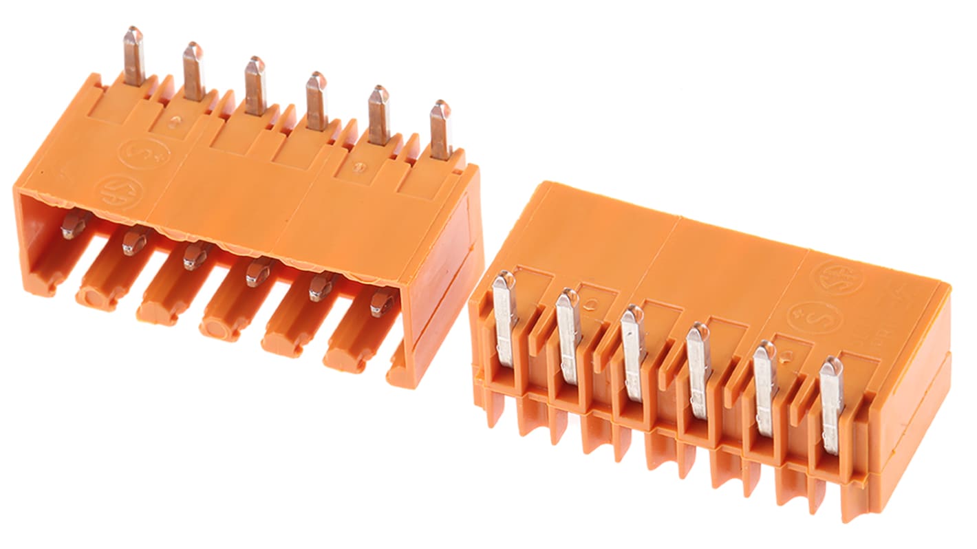 Weidmuller 3.5mm Pitch 6 Way Right Angle Pluggable Terminal Block, Header, Through Hole, Solder Termination