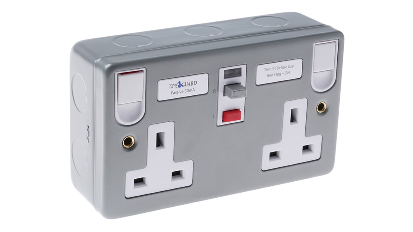 Timeguard Tripfast 13A, BS Fixing, Passive, 2 Gang RCD Socket, Steel, Surface Mount , Switched, 230 V ac, Silver