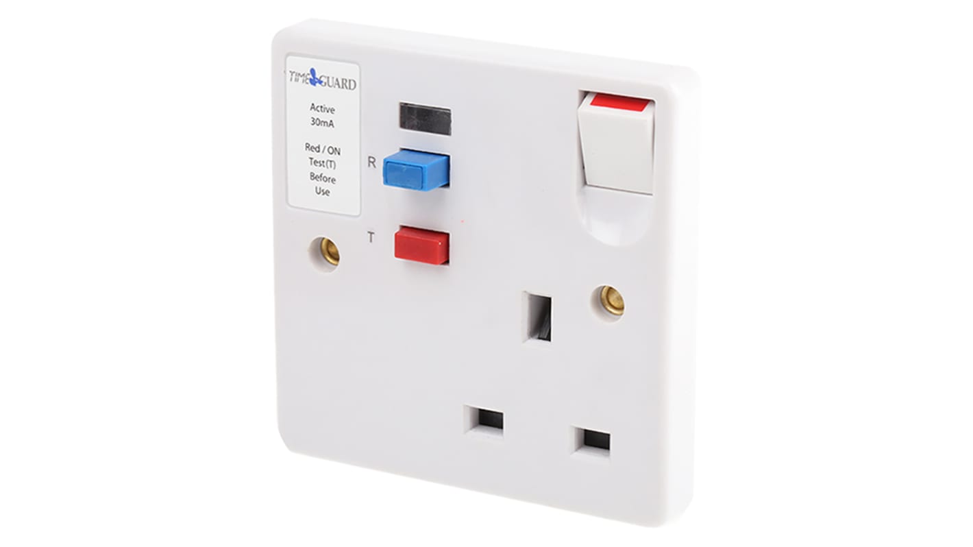 Theben / Timeguard Tripfast 13A, BS Fixing, Active, Single Gang RCD Socket , Switched, 230 V ac, White