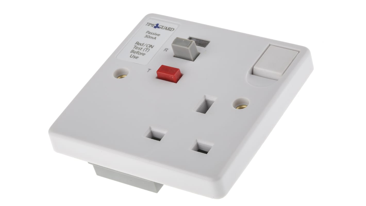Timeguard Tripfast 13A, BS Fixing, Passive, Single Gang RCD Socket, Surface Mount , Switched, 240 V ac, White