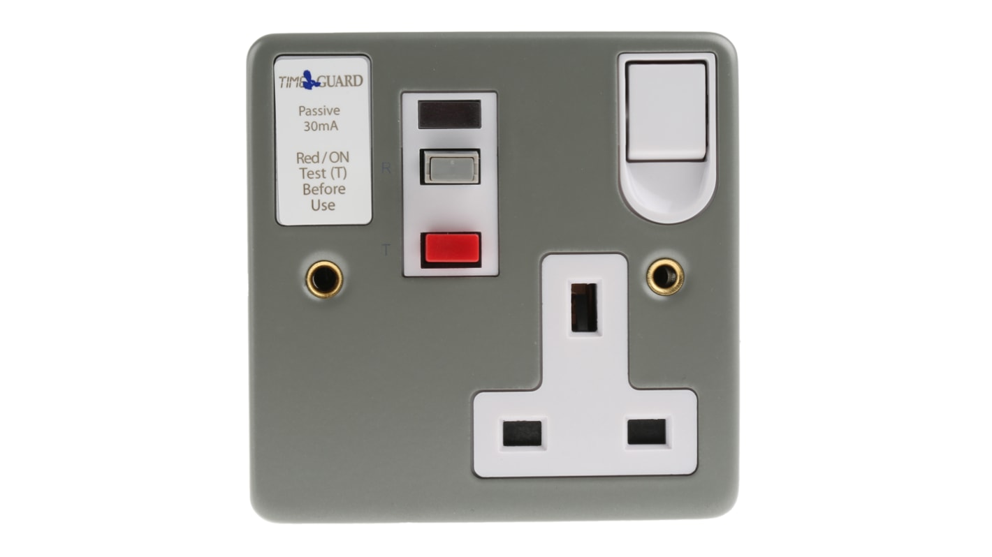 Timeguard Tripfast 13A, BS Fixing, Passive, Single Gang RCD Socket, Steel, Surface Mount , Switched, 230 V ac, Silver
