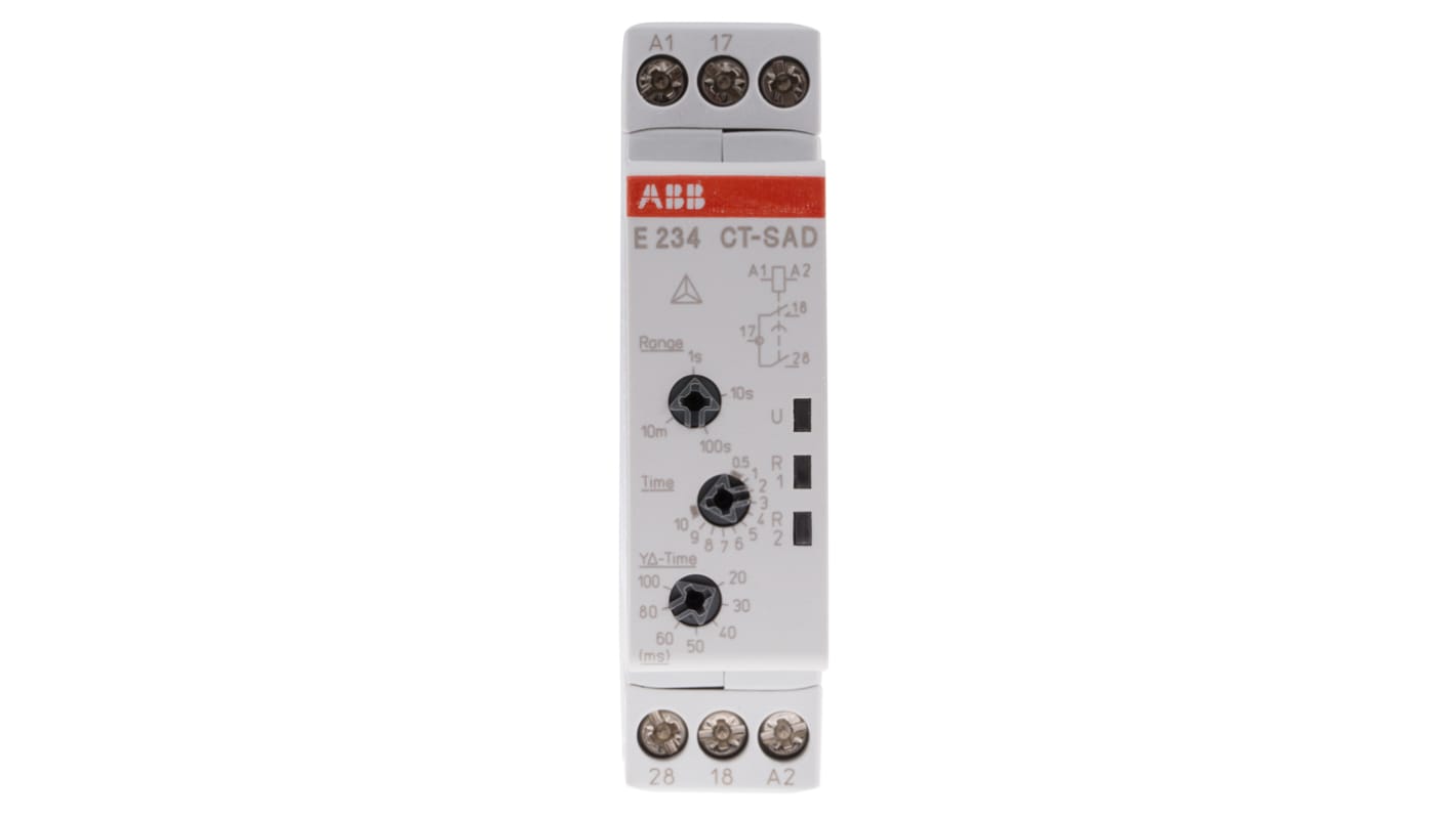 ABB 1SVR Series DIN Rail Mount Timer Relay, 24 → 240 V ac, 24 → 48V dc, 2-Contact, 0.05 s → 10min,