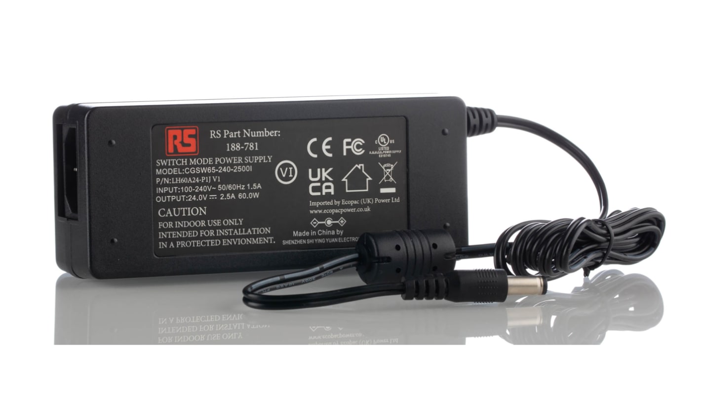 RS PRO 60W Plug-In AC/DC Adapter 24V dc Output, 2.5A Output