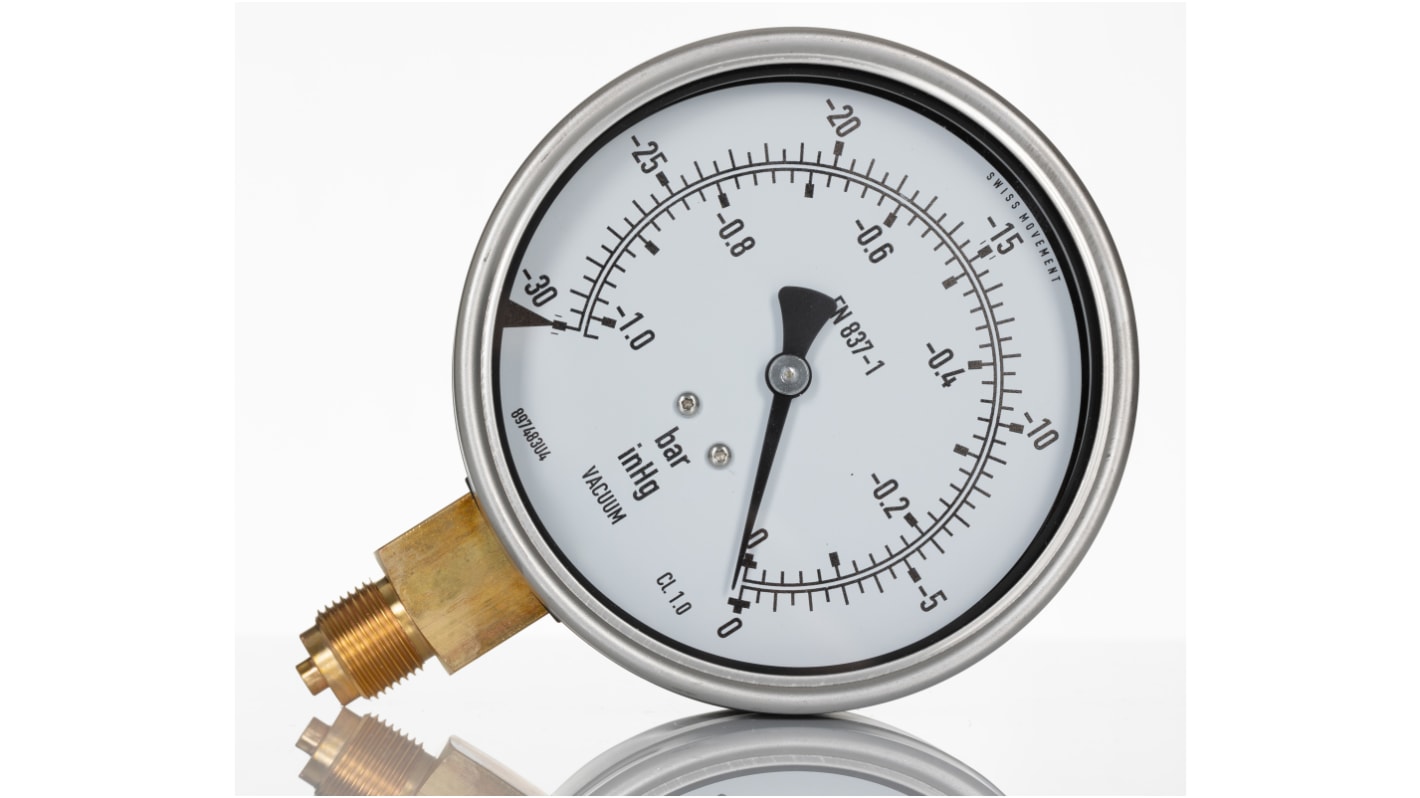 RS PRO BSP 3/8 Analogue Pressure Gauge 0bar Bottom Entry, -1bar min.