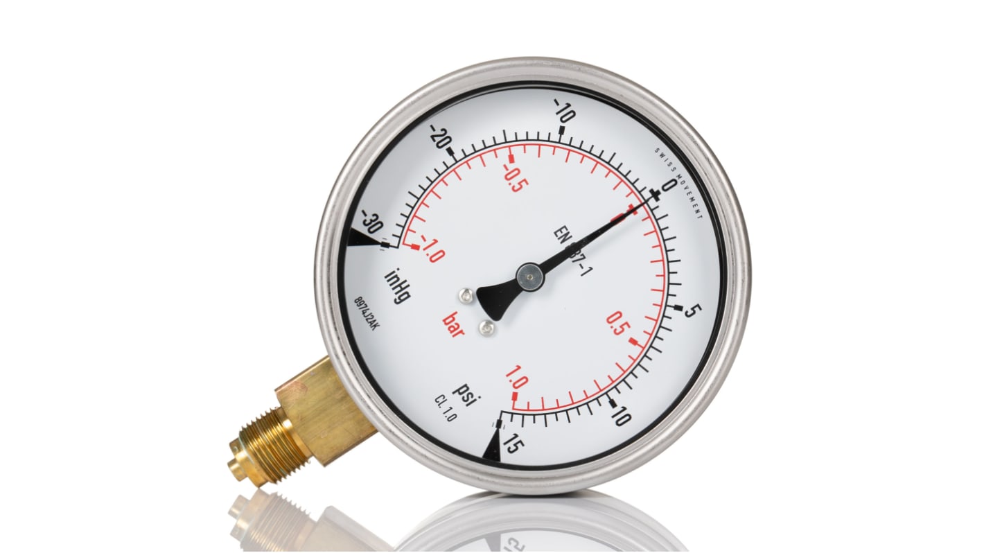 RS PRO G 3/8 Analogue Pressure Gauge 1bar Bottom Entry 100mm Outside Diameter