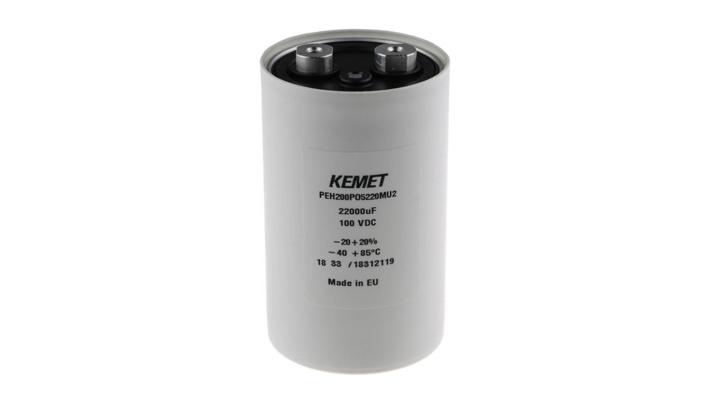 KEMET 螺钉铝电解电容, 22000μF, 100V 直流, 66.6 (Dia.) x 106 mm, 66.6 x 109.2 mm, 最高+85°C, PEH200系列
