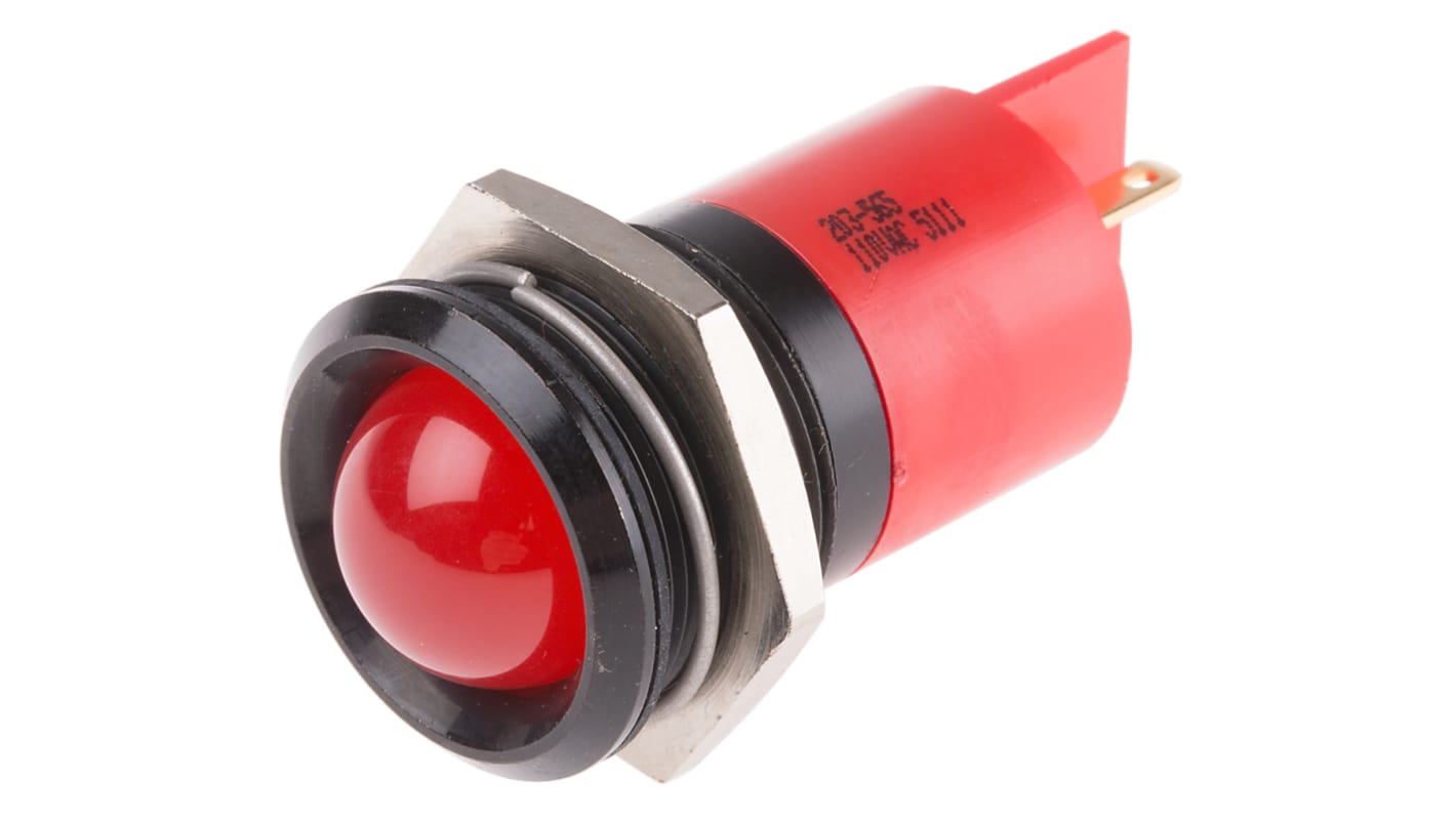 RS PRO Red Panel Mount Indicator, 110V ac, 22mm Mounting Hole Size, Solder Tab Termination