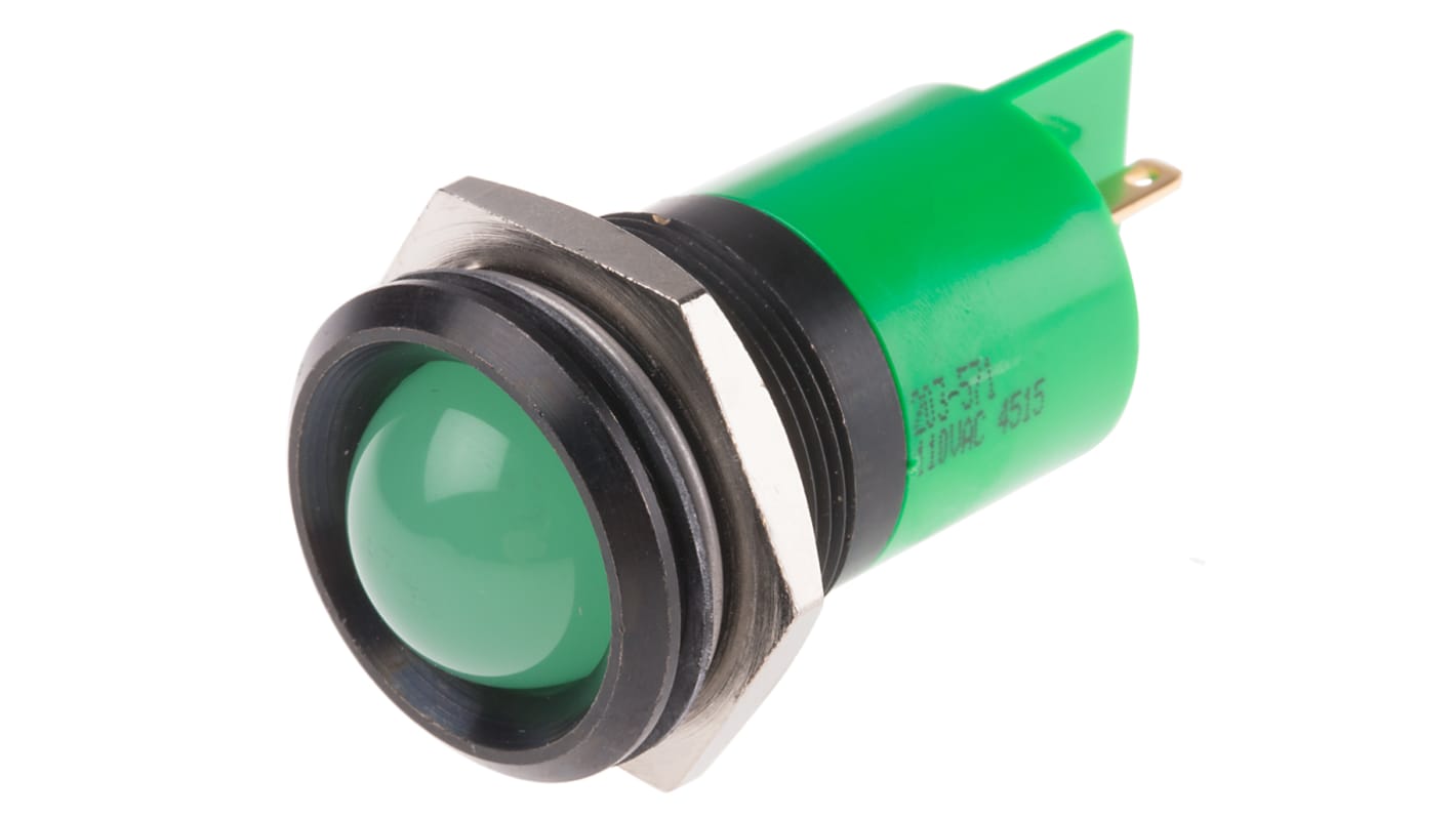 RS PRO Green Panel Mount Indicator, 110V ac, 22mm Mounting Hole Size, Solder Tab Termination