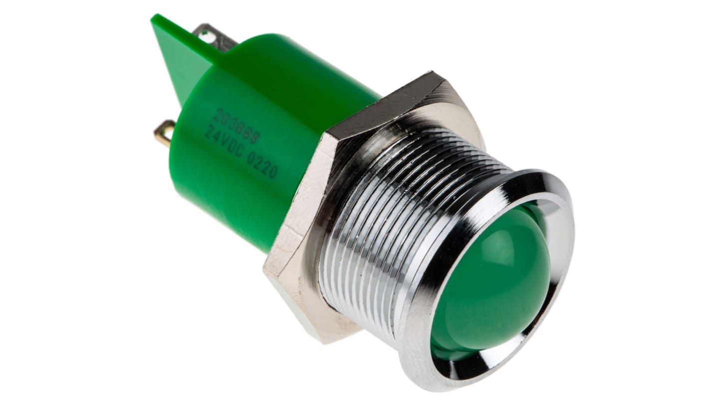RS PRO Grøn Lysdiode Panelmonteret kontrollampe 22mm hulstr., Fremspringende, Loddeflig, 24V dc, Krom frontramme