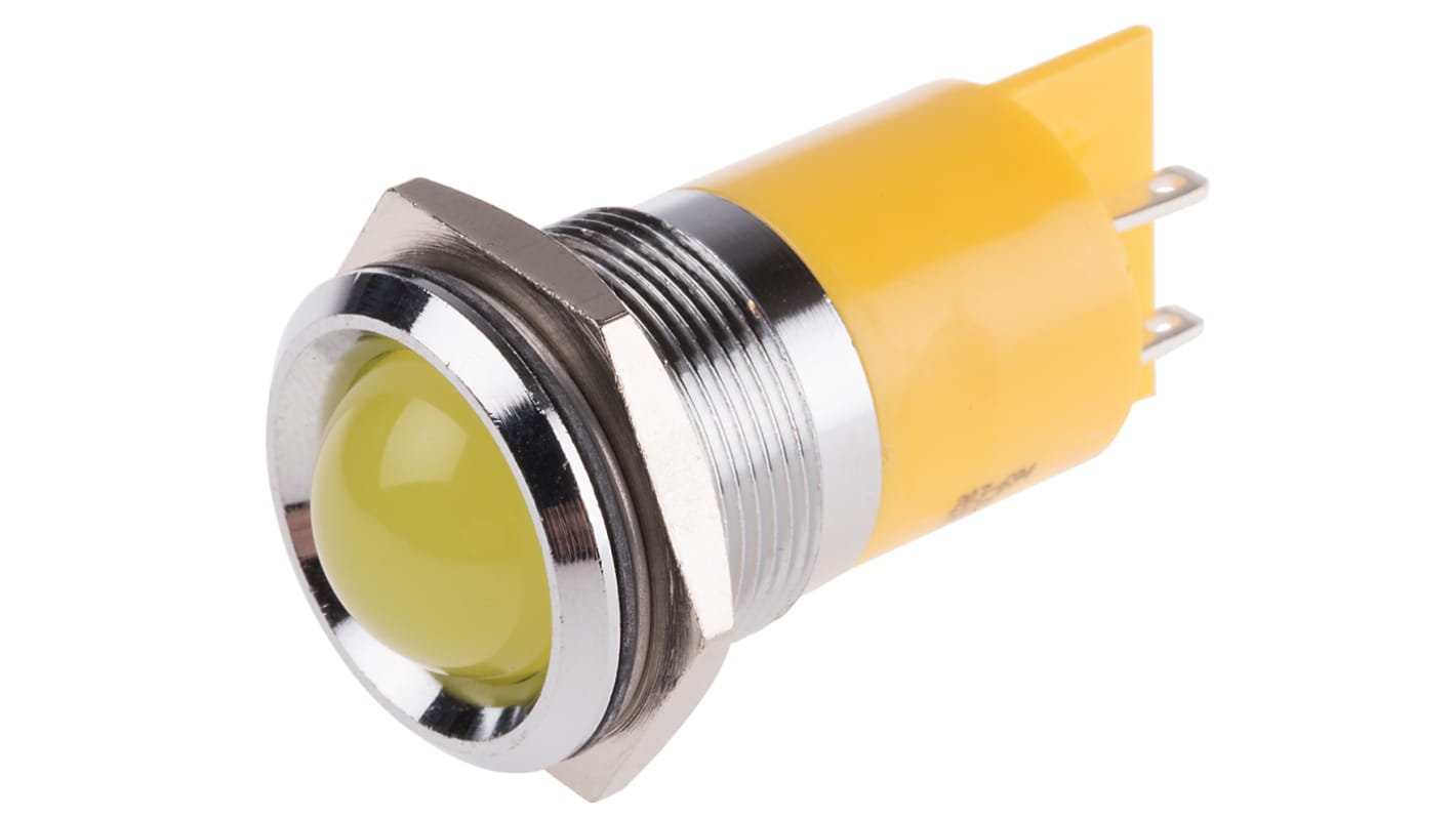 RS PRO Gul Lysdiode Panelmonteret kontrollampe 22mm hulstr., Fremspringende, Loddeflig, 24V dc, Krom frontramme