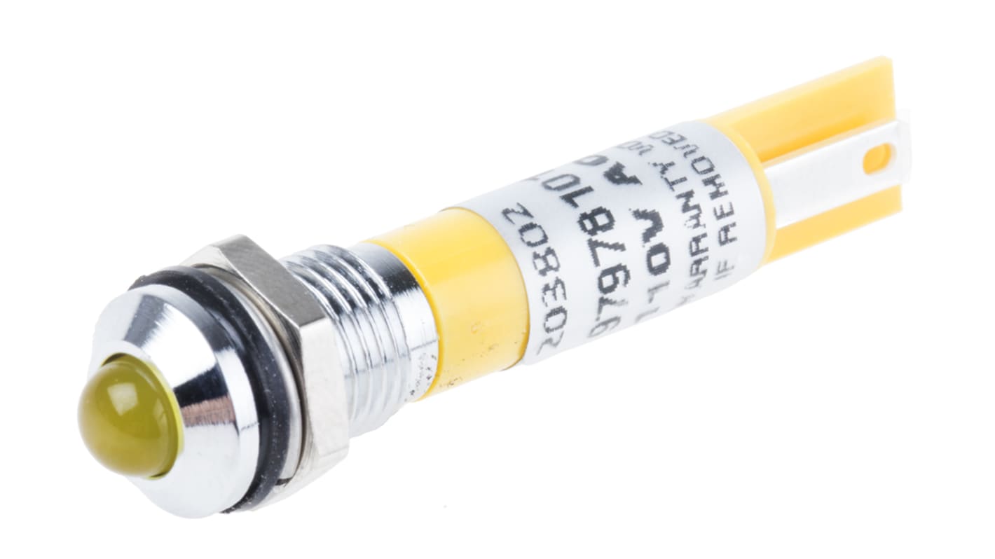 RS PRO 黄色LED面板指示灯, 110V 交流, 6mA, Φ8mm安装孔, 焊片端接, 凸型边框, 铬色边框