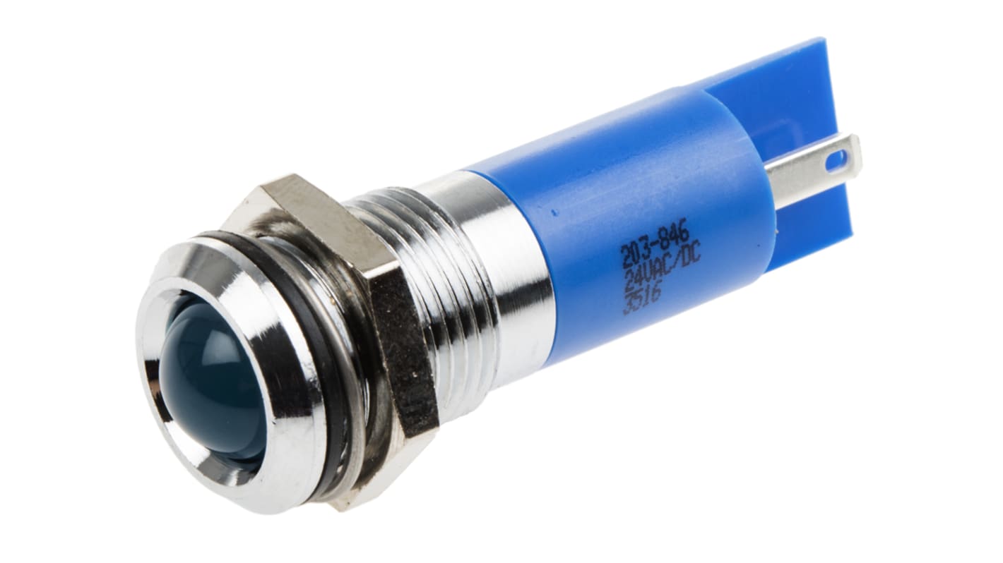 RS PRO 蓝色LED面板指示灯, 24V 直流, 17mA, Φ14mm安装孔, 凸型边框, 铬色边框, IP67