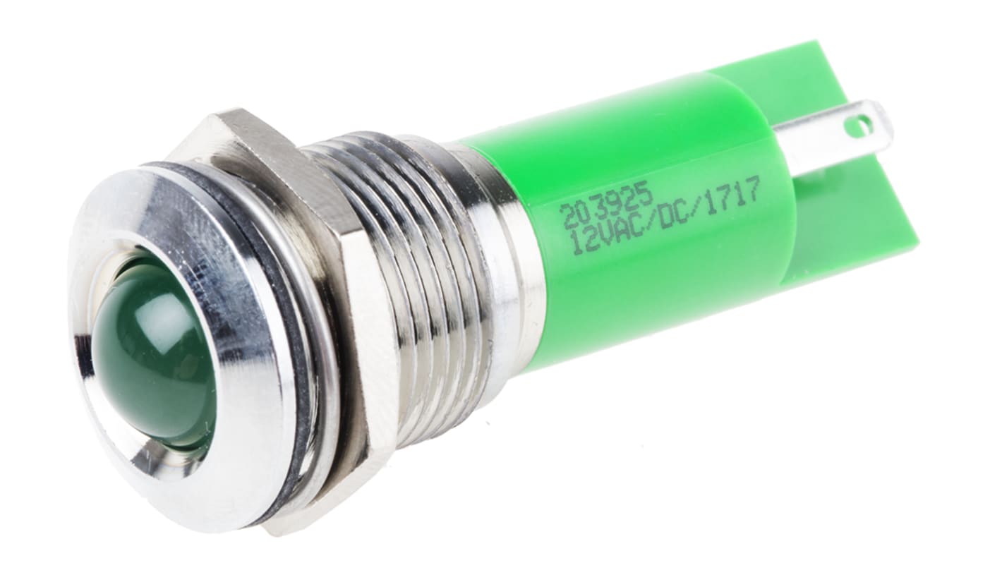 Indicatore da pannello RS PRO Verde  a LED, 12V ca/cc, Sporgente, foro da 16mm