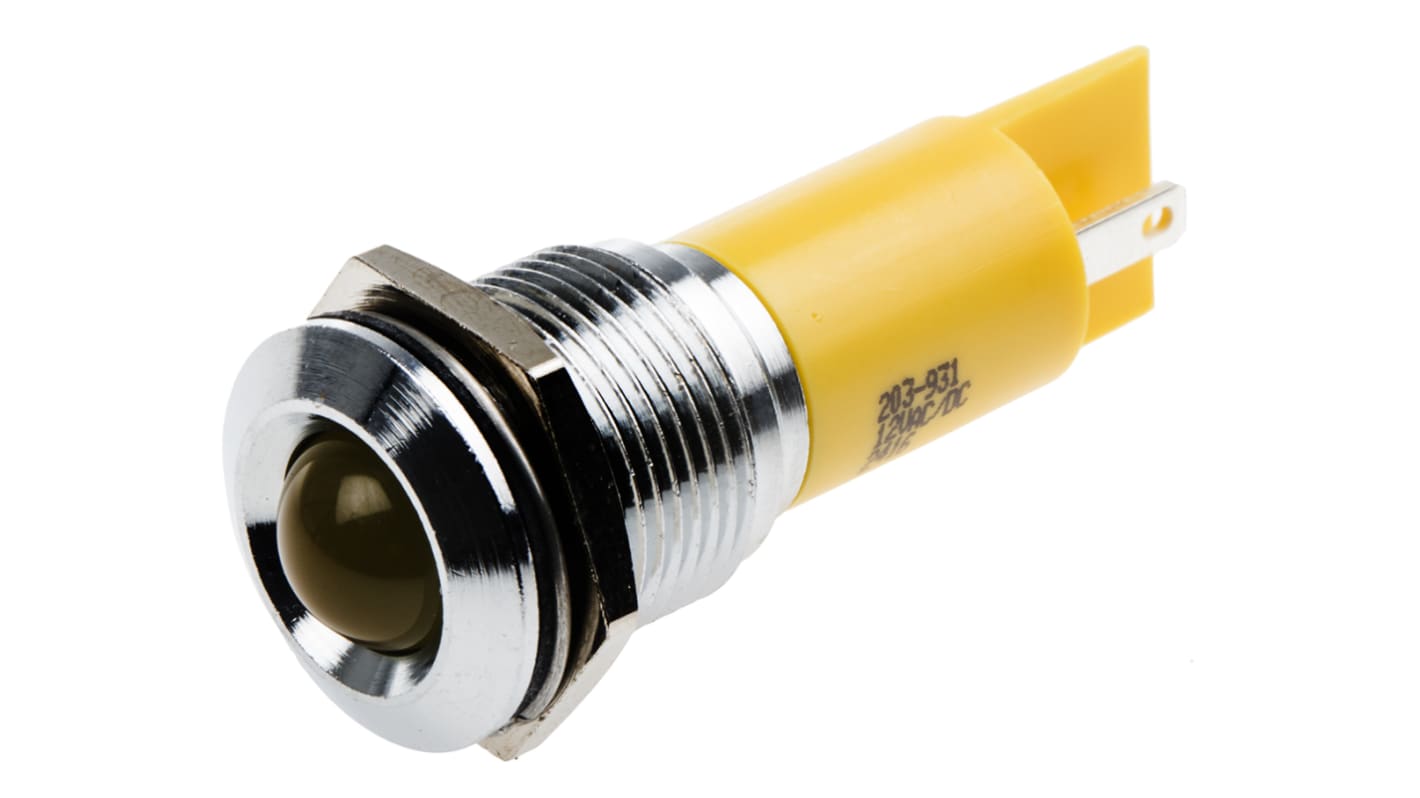RS PRO 黄色LED面板指示灯, 12V 交流/直流, 20mA, Φ16mm安装孔, 焊片端接, 凸型边框, 铬色边框