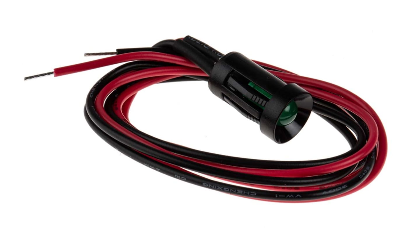 RS PRO 绿色LED面板指示灯, 24V 直流, 20mA, Φ8mm安装孔, 引线端接, 凹入式边框, 黑色边框
