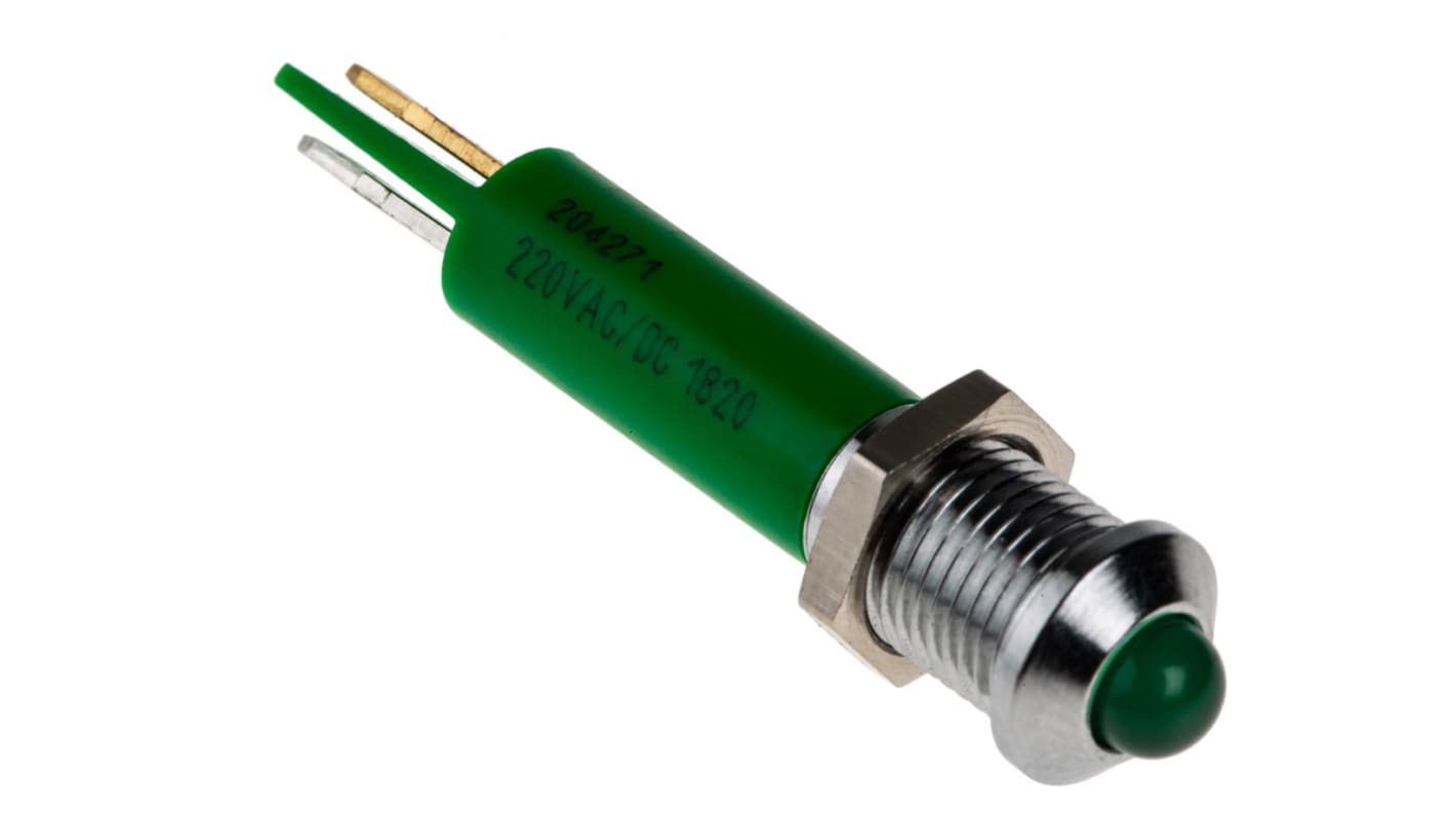 Indicador LED RS PRO, Verde, lente prominente, marco Cromo, Ø montaje 8mm, 230V ac, 3mA, 60mcd
