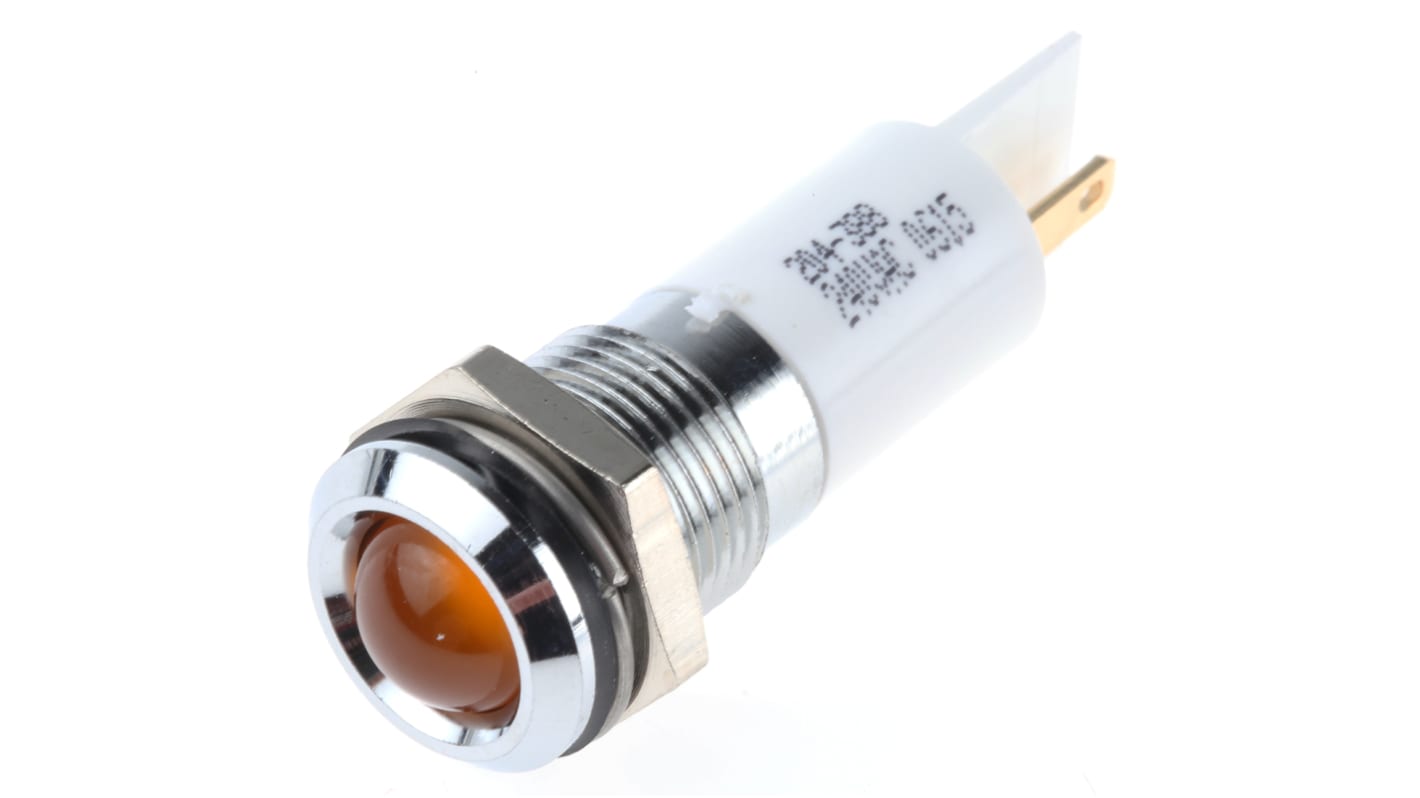 Indicador RS PRO, Naranja, lente prominente, marco Cromo, Ø montaje 14.5mm, 240V ac, 20mA, IP40