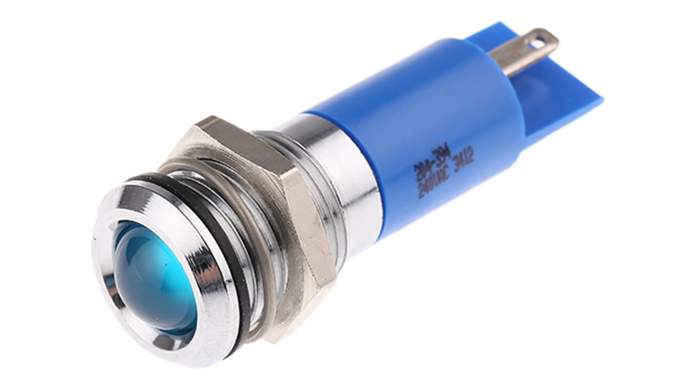 RS PRO Blue Panel Mount Indicator, 240V ac, 14.5mm Mounting Hole Size, Solder Tab Termination, IP40