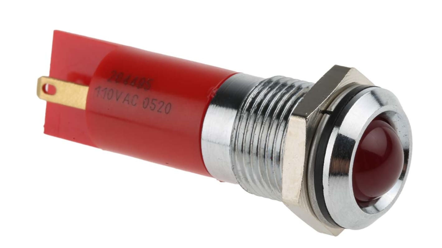RS PRO 红色LED面板指示灯, 110V 交流, 6mA, Φ14mm安装孔, 焊片端接, 凸型边框, 铬色边框, IP67