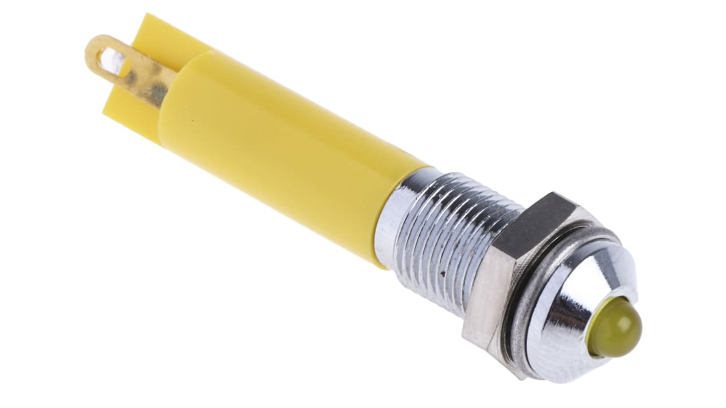 RS PRO 黄色LED面板指示灯, 24V 直流, 20mA, Φ6mm安装孔, 焊片端接, 凸型边框, 铬色边框