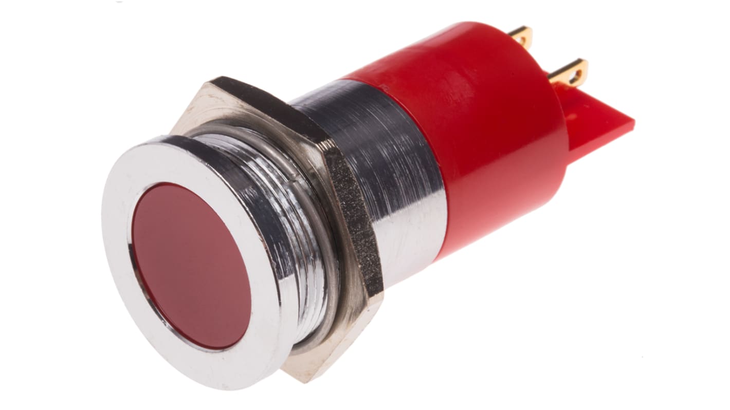 RS PRO 红色LED面板指示灯, 24V 交流/直流, 20mA, Φ22mm安装孔, 焊片端接, 嵌入式边框, 铬色边框
