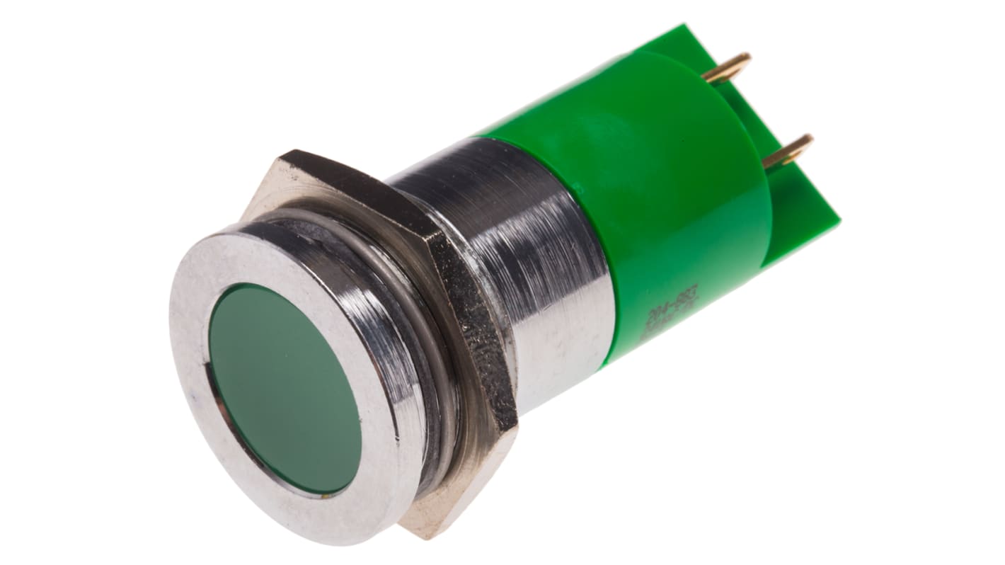 RS PRO 绿色LED面板指示灯, 24V 交流/直流, 20mA, Φ22mm安装孔, 焊片端接, 嵌入式边框, 铬色边框
