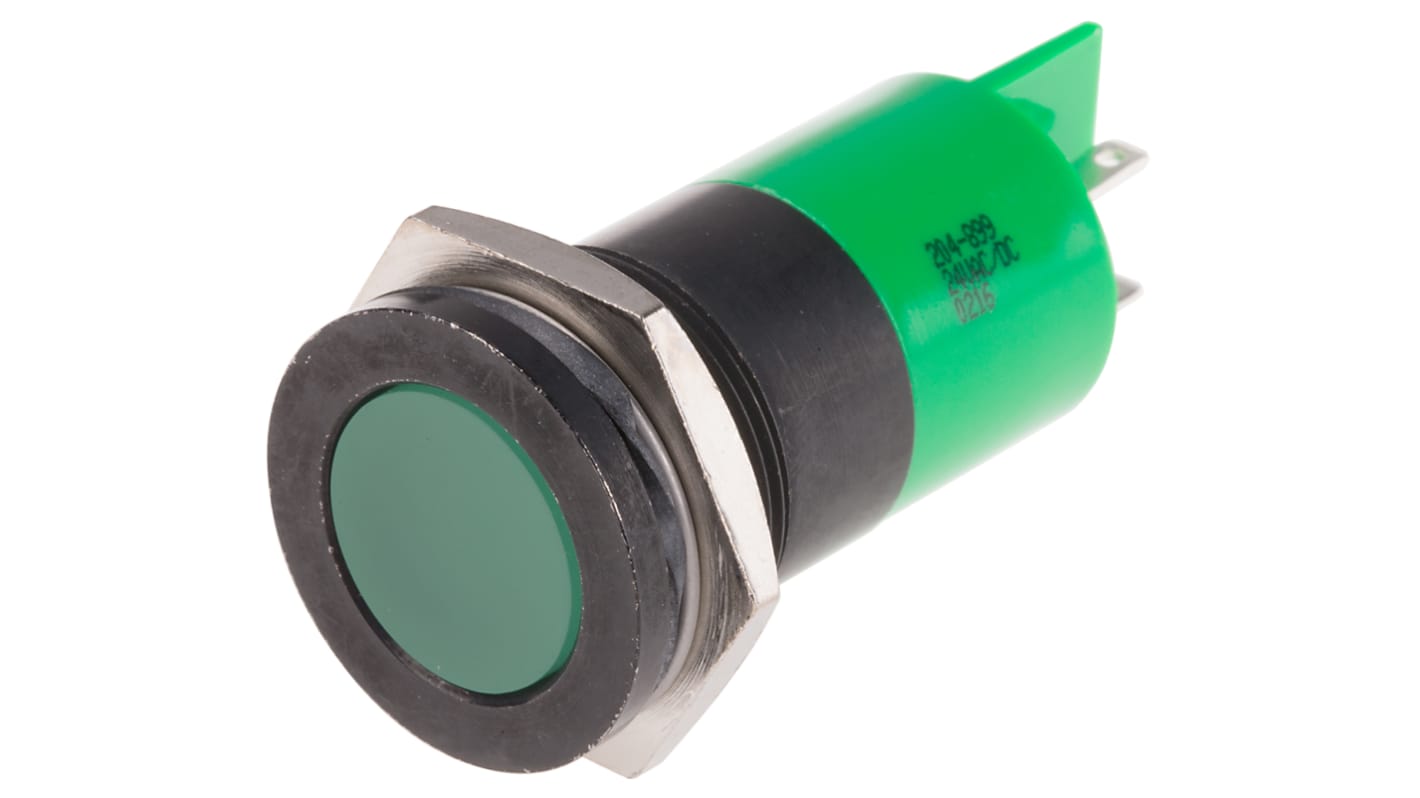 RS PRO Green Panel Mount Indicator, 24V ac/dc, 22mm Mounting Hole Size, Solder Tab Termination