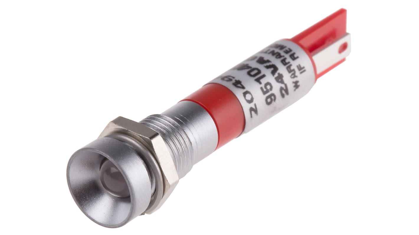 RS PRO Red Panel Mount Indicator, 24V ac/dc, 8mm Mounting Hole Size, Solder Tab Termination, IP67