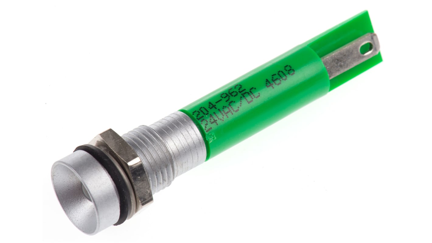 RS PRO Green Panel Mount Indicator, 24V ac/dc, 8mm Mounting Hole Size, Solder Tab Termination, IP67