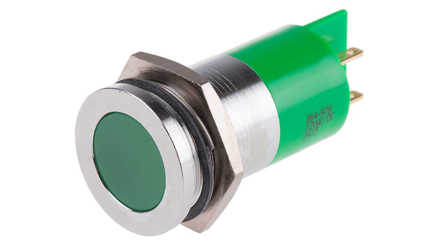 RS PRO Green Panel Mount Indicator, 12V ac/dc, 22mm Mounting Hole Size, Solder Tab Termination
