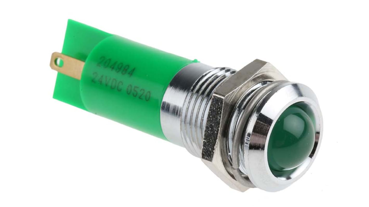 RS PRO 绿色LED面板指示灯, 24V 直流, 20mA, Φ14mm安装孔, 焊片端接, 凸型边框, 铬色边框