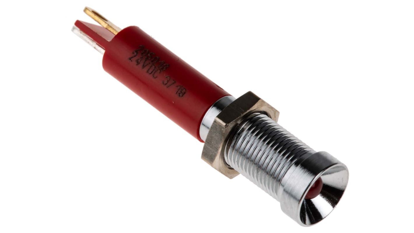 RS PRO 红色LED面板指示灯, 24V 直流, 20mA, Φ6mm安装孔, 焊片端接, 凹入式边框, 铬色边框