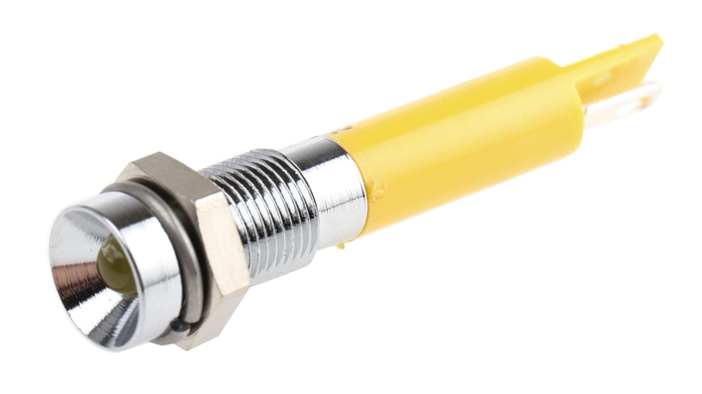 RS PRO 黄色LED面板指示灯, 24V 直流, 20mA, Φ6mm安装孔, 焊片端接, 凹入式边框, 铬色边框