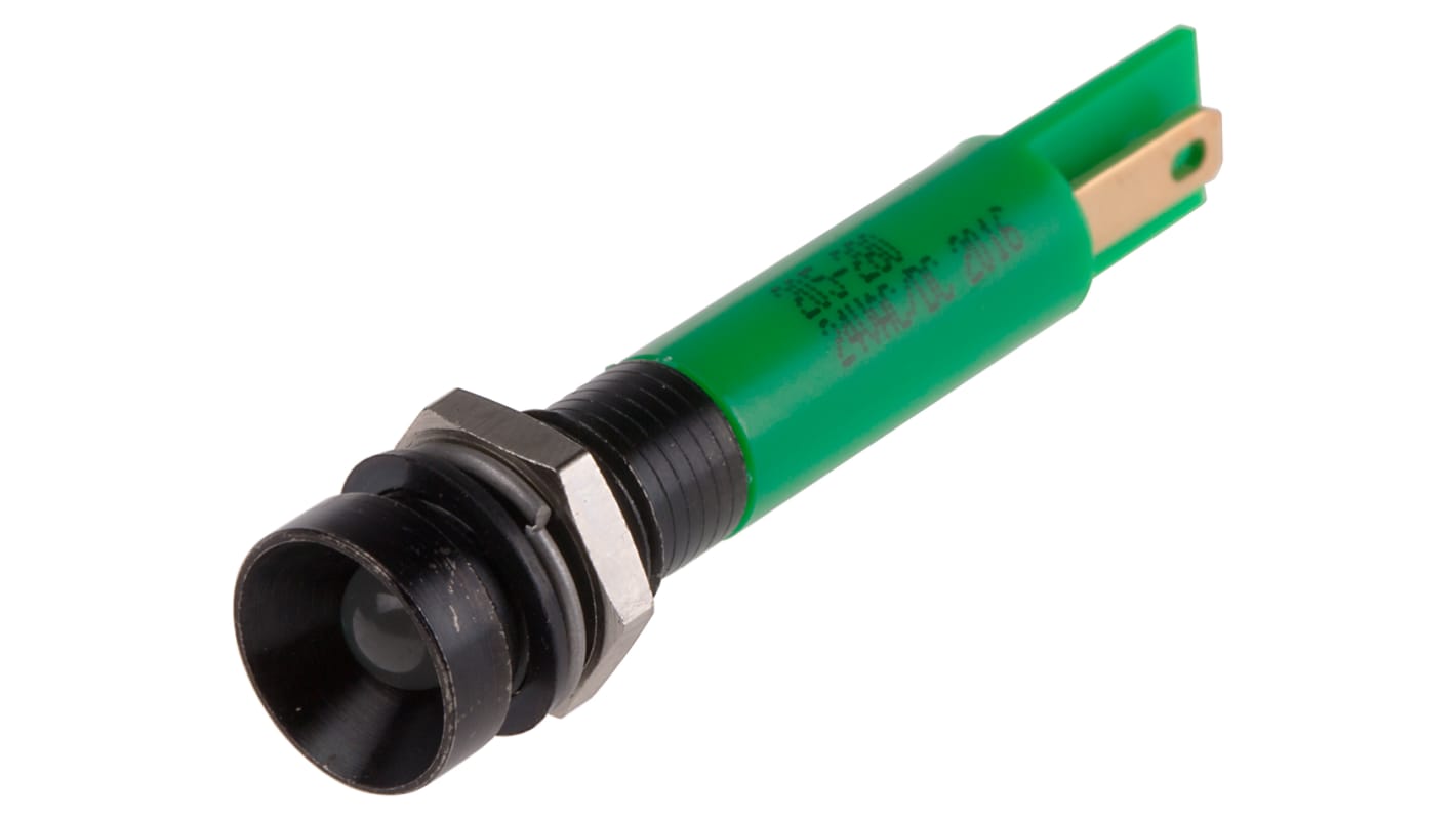 RS PRO Green Panel Mount Indicator, 24V ac/dc, 8mm Mounting Hole Size, Solder Tab Termination, IP67