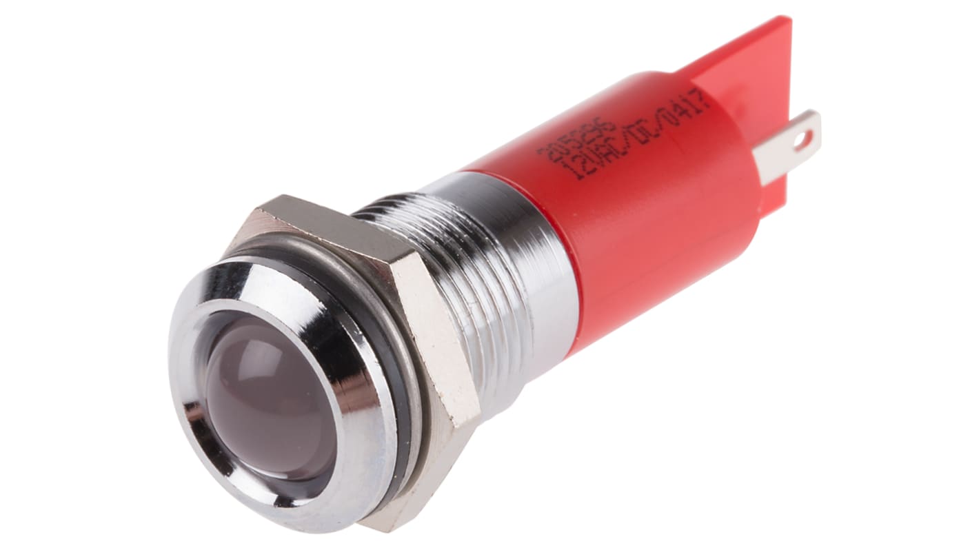 Indikátor pro montáž do panelu 14mm Prominentní barva Červená, typ žárovky: LED Pájecí plíšek, 12V ac/dc RS PRO
